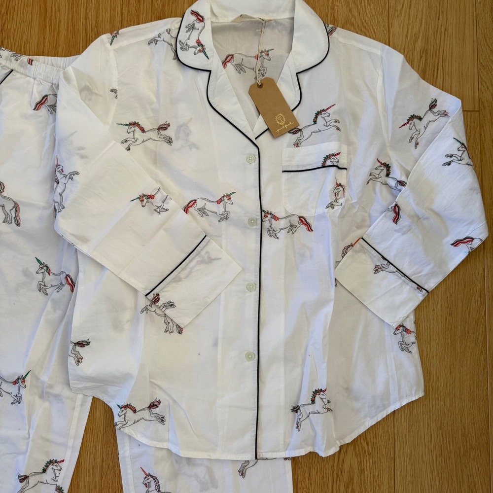 NEW Printfresh Unicorn Embroidery Pajama Set Women Medium Cloud White Cotton - Picture 2 of 8